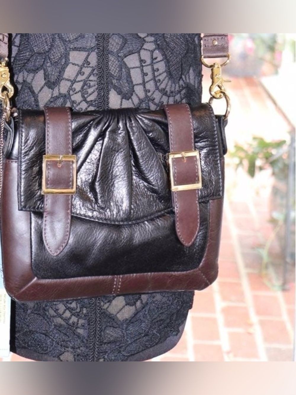 KATE LANDRY BROWN/BLACK LEATHER CROSSBODY PURSE Y2K